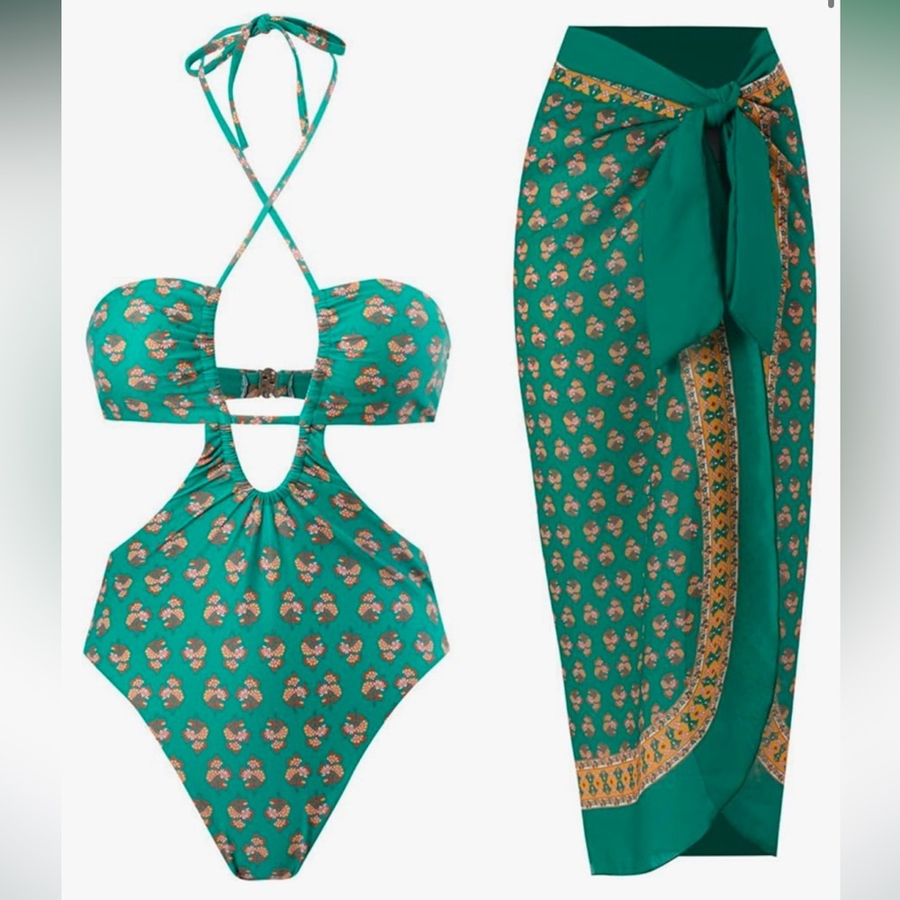 Amazon Idopip Green One-Piece Set with Wrap Skirt, NWOT